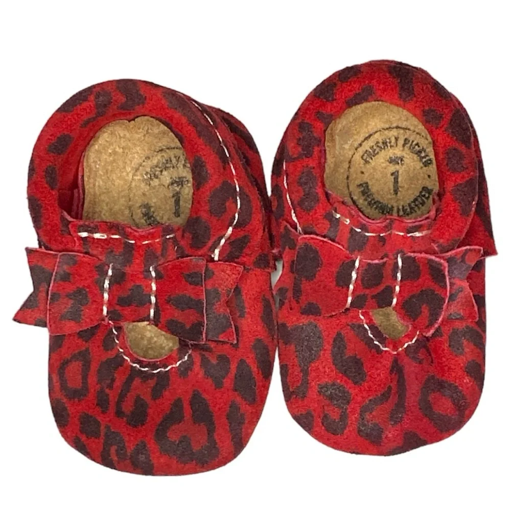 Freshly Picked Red Black Leopard Print Genuine Leather Moccasins Infant Size 1